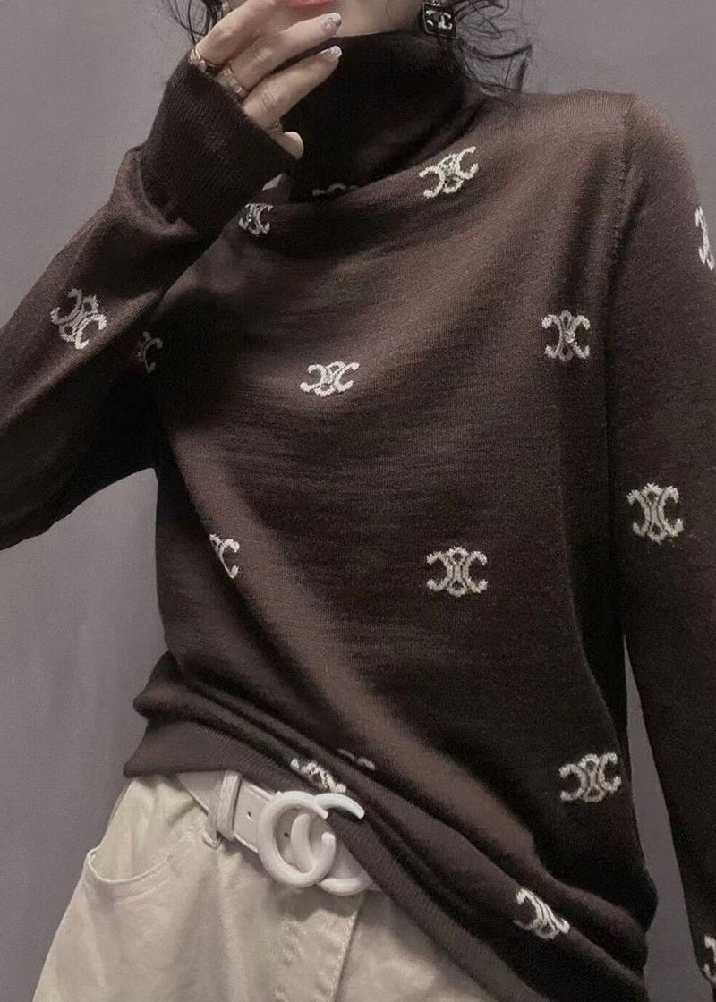 Jacquard Black Turtle Neck Knitting Cotton Top Long Sleeve