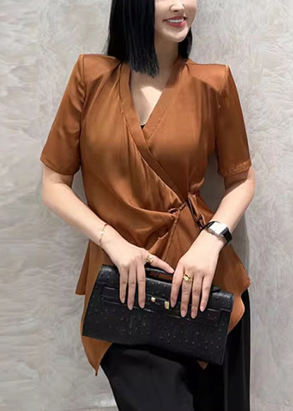 Caramel V Neck Tie Waist Shirt Short Sleeve