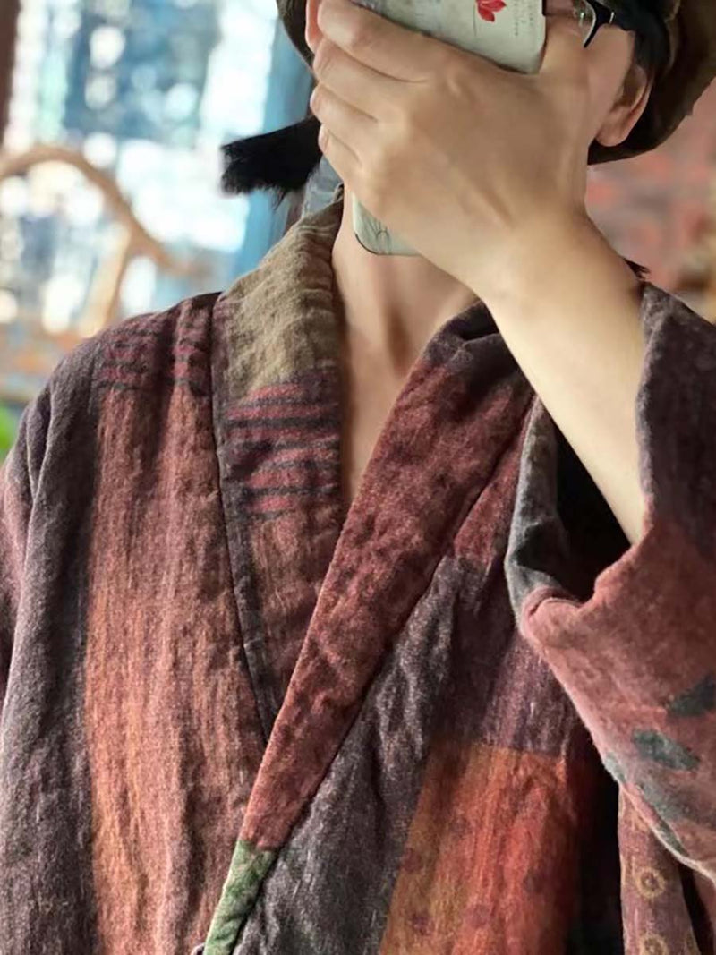 Winter Print Drawstring Linen Cotton Coat