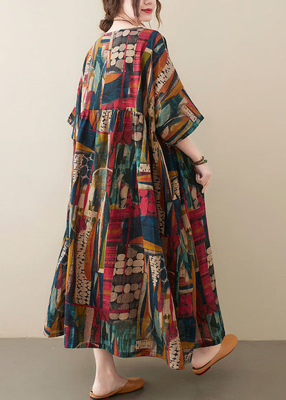 Retro O-neck Print Party Maxi Dress Half Sleeve
