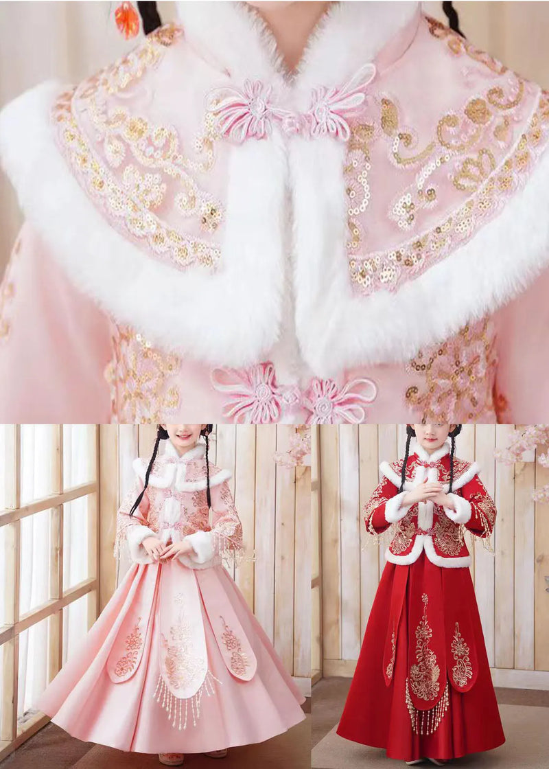 Pink Patchwork Warm Fleece Kids Coats and Maxi Skirts Two Piece Set Winter