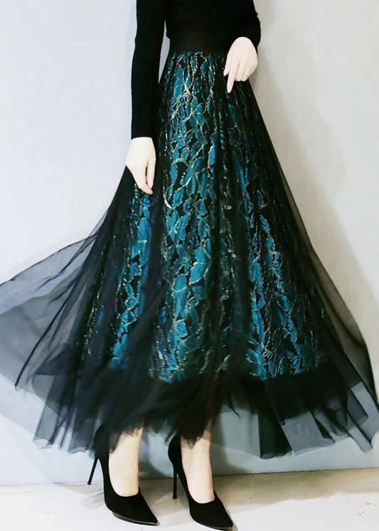 Fitted Green Lace Tulle High Waist Hollow Out Lace a Line Skirts