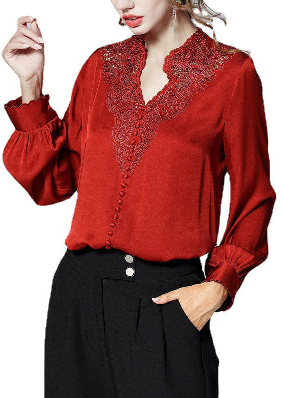 Red V Neck Button Embroidered Patchwork Silk Shirt Top Spring