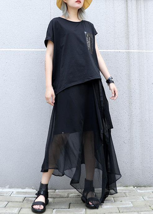 Style Black Chiffon Quilting Skirts Asymmetric Hem Traveling Summer Skirt