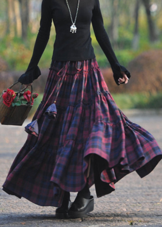 Atyle Mulberry Plaid Wrinkled Patchwork Exra Large Hem Cotton Skirts Spring