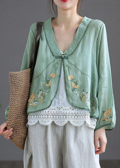 Green V Neck Embroidered Summer Ramie Cardigan Long Sleeve