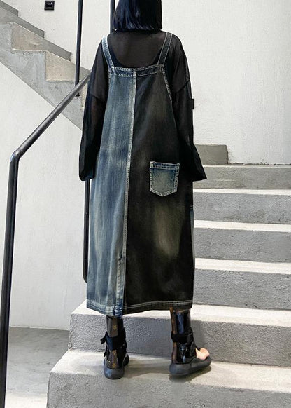 100% Denim Black Cotton Quilting Clothes Sleeveless Pockets Maxi Dresses