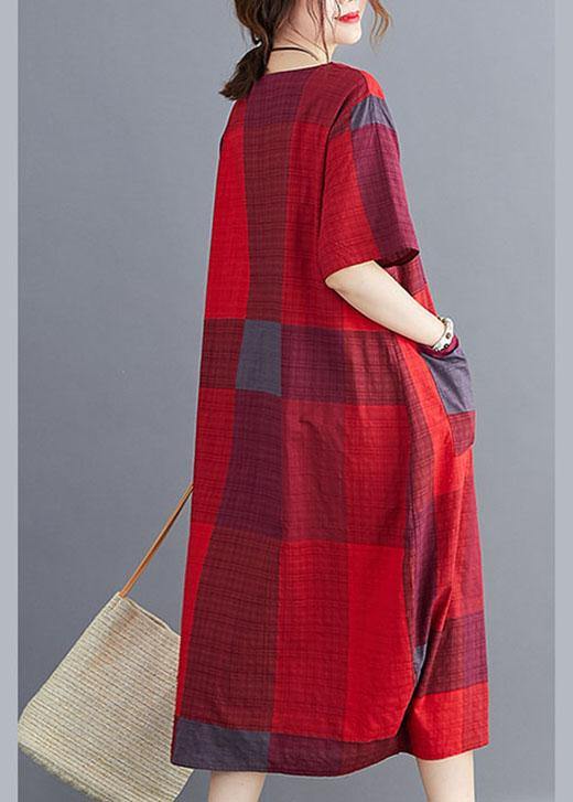 Corron Linen Red O Neck Plaid Summer Maxi Dresses