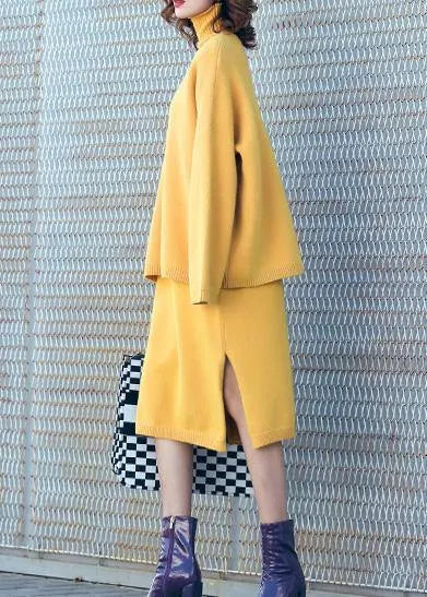 Autumn New Temperament Yellow High Collar Long-sleeved Sweater Suit Skirt Two-piece