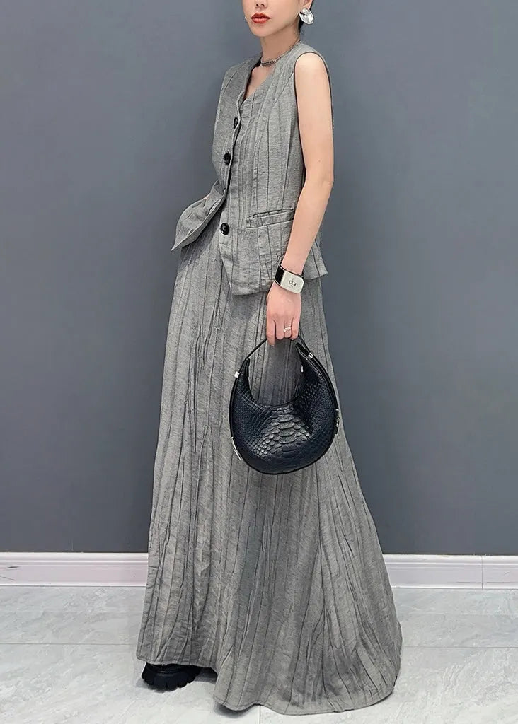 Boutique Grey V Neck Waistcoat and Skirts Two Pieces Set Sleeveless