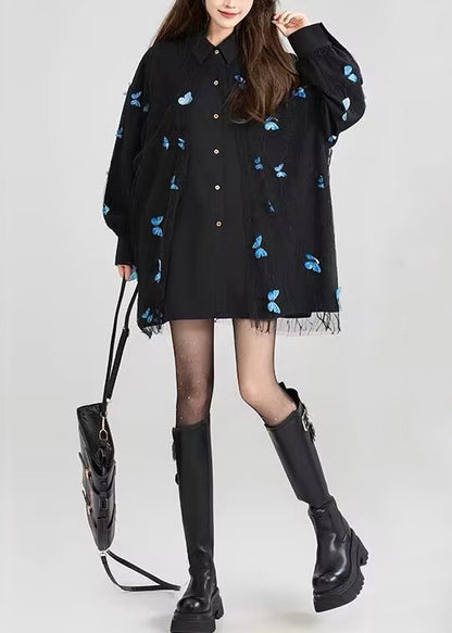 Black Peter Pan Collar Butterfly Lace Patchwork Cotton Shirt Fall