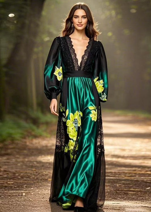 Black Print Pockets Patchwork Silk Long Dresses Spring