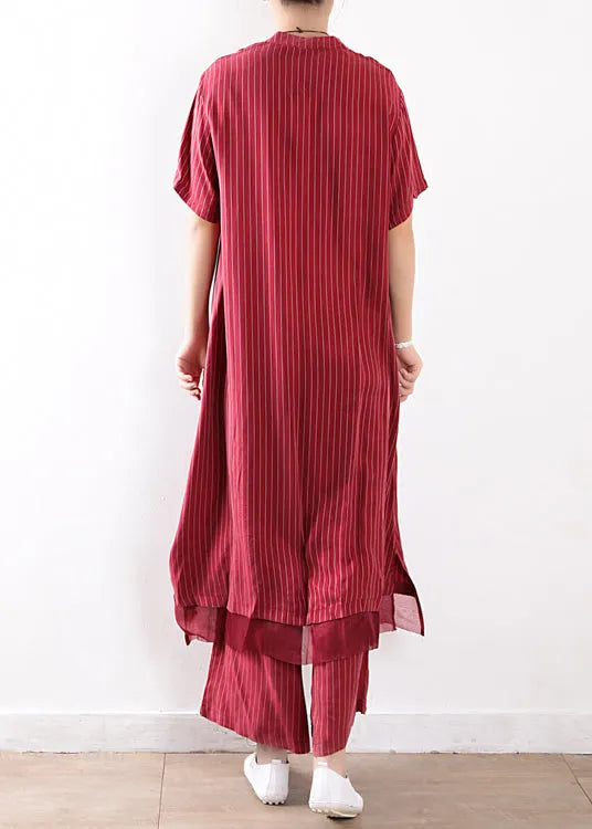 Red Striped Silk Shirt Dress and Elastic Waist Wide Leg Pants Two Pieces