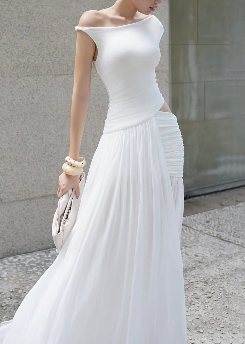 White Asymmetrical Wrinkled Side Open Cotton Dress Summer
