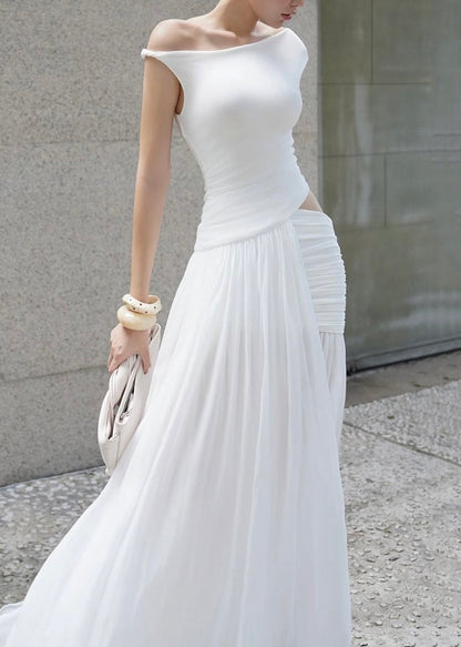 White Asymmetrical Wrinkled Side Open Cotton Dress Summer