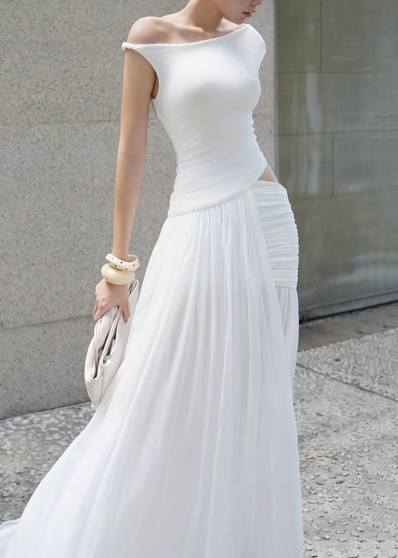 White Asymmetrical Wrinkled Side Open Cotton Dress Summer