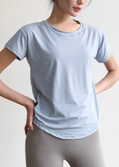 Light Blue Tulle Patchwork Short Sleeve Yoga Top