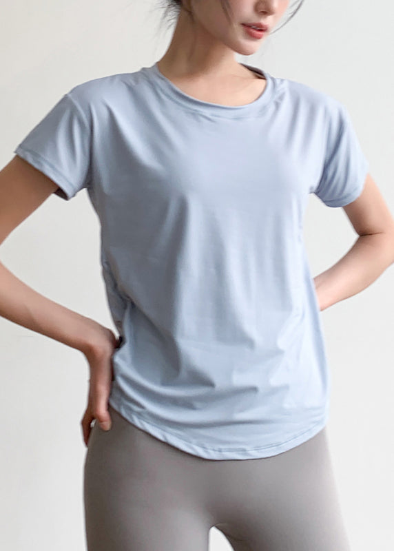 Light Blue Tulle Patchwork Short Sleeve Yoga Top