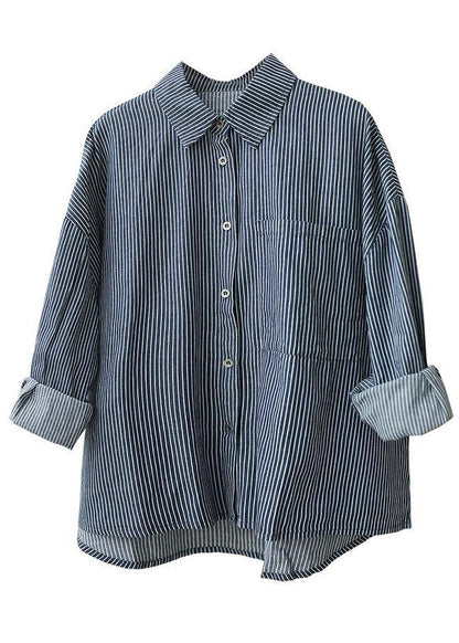 Italian Navy Striped Peterpan Collar Button Pockets Fall Top Long Sleeve