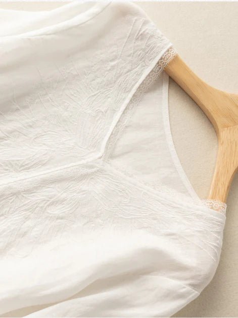 Embroidered V Neck 3/4 Sleeve Linen Tee Top