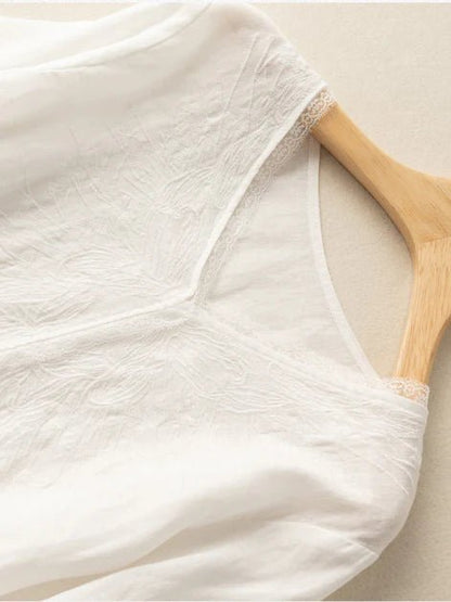Embroidered V Neck 3/4 Sleeve Linen Tee Top