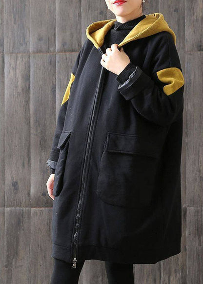 Unique Chocolate Hooded Zippered Pockets Patchwork Winter Cotton Thick Coats Long Sleeve