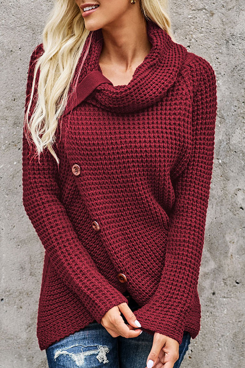Turtleneck Button Irregular Hem Sweater