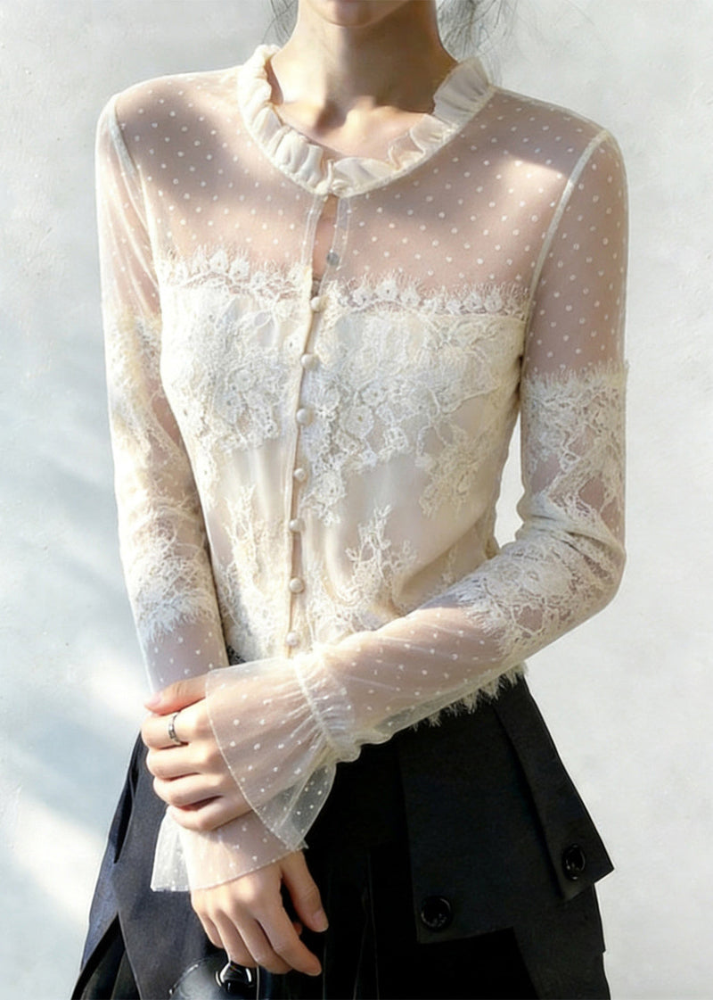 White Ruffled Button Patchwork Lace Blouse Flare Sleeve
