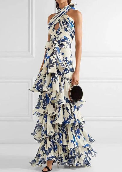 Formal Vacation Wedding Style Ruffled Print Dress Sleeveless