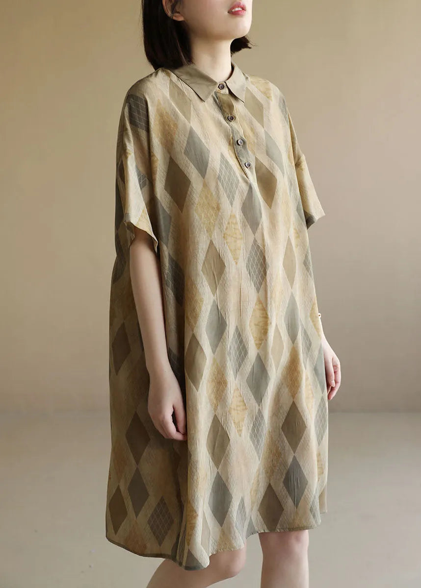 Diy Khaki Peter Pan Collar Print Cozy Mid Dress Short Sleeve