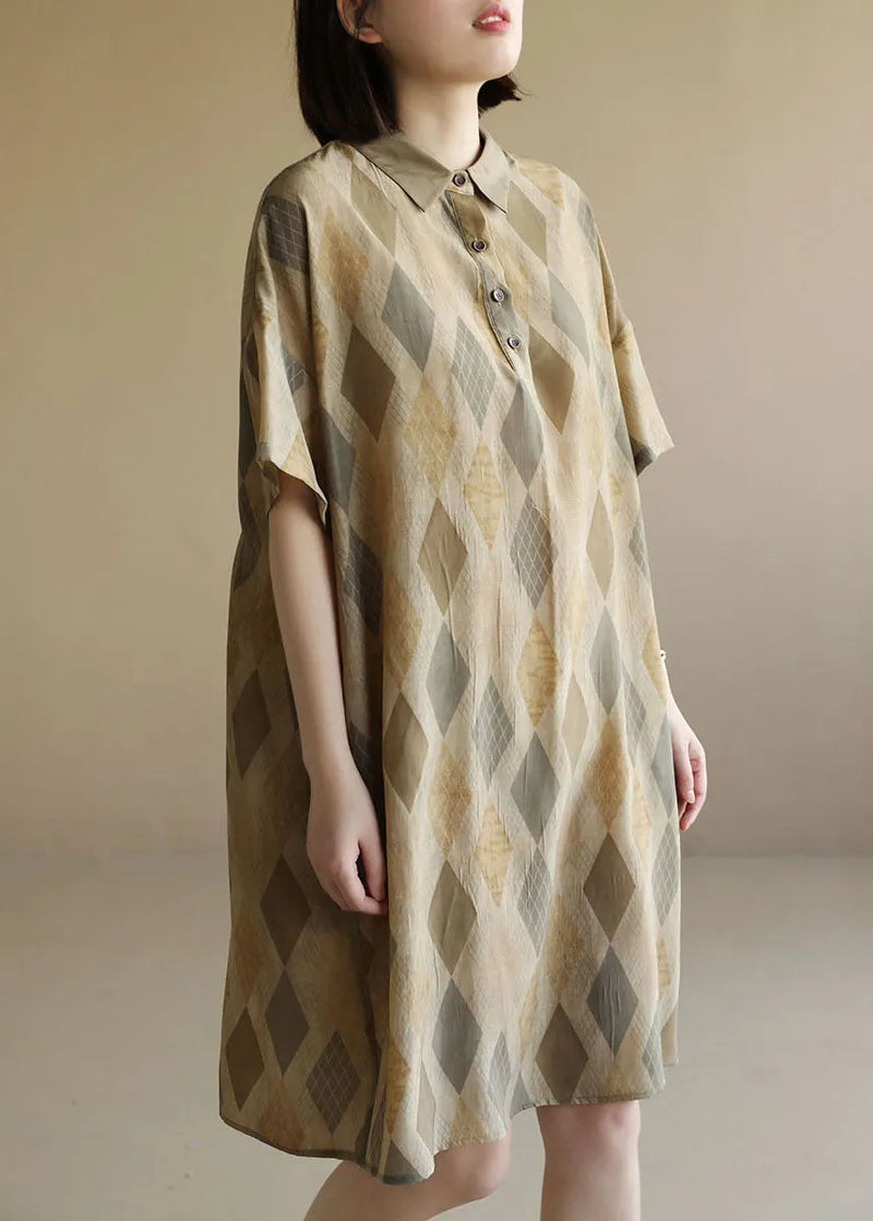 Diy Khaki Peter Pan Collar Print Cozy Mid Dress Short Sleeve