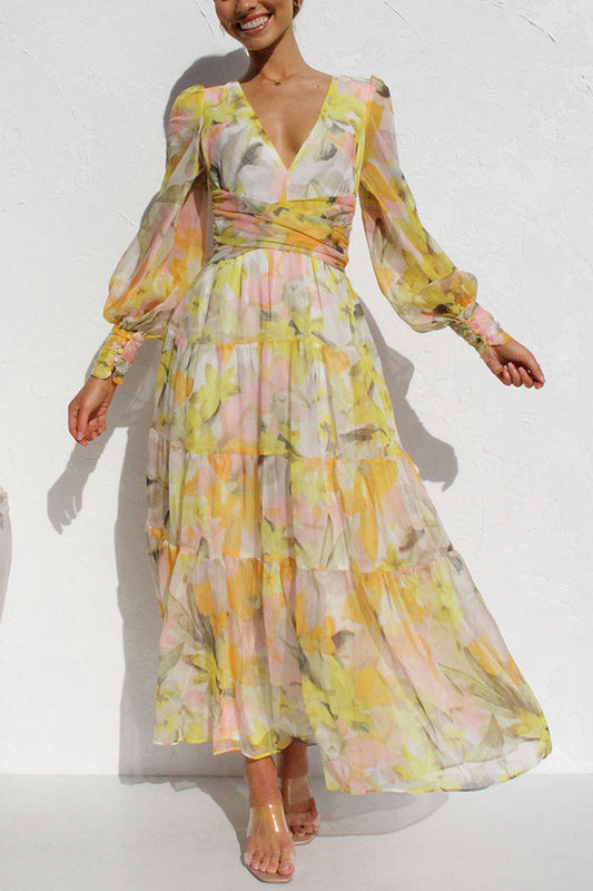 Yellow Olena Abstract Balloon Sleeves Maxi Dress