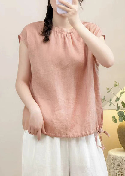 Cozy Pink O Neck Linen Shirt Summer