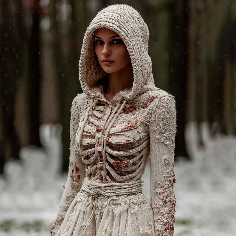 Women's Vintage Halloween Skeleton Knit Hooded Sweater artswardrobe