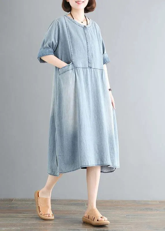 Cotton Wardrobes 18th Century Pure Color Loose Denim Midi Dress