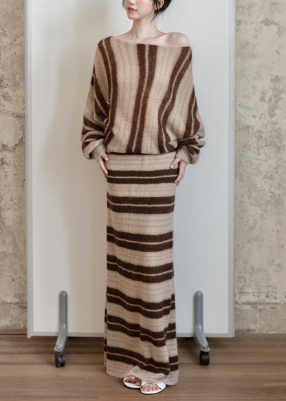 Loose Striped O Neck Cozy Sweaters and Skirts Two Piece Set Fall