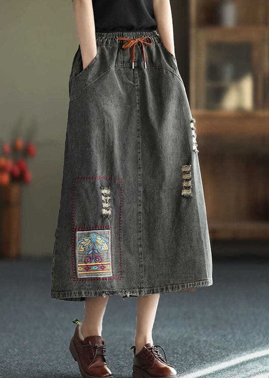 Black Side Open Embroideried Pockets Cotton Denim Ripped Skirt Summer