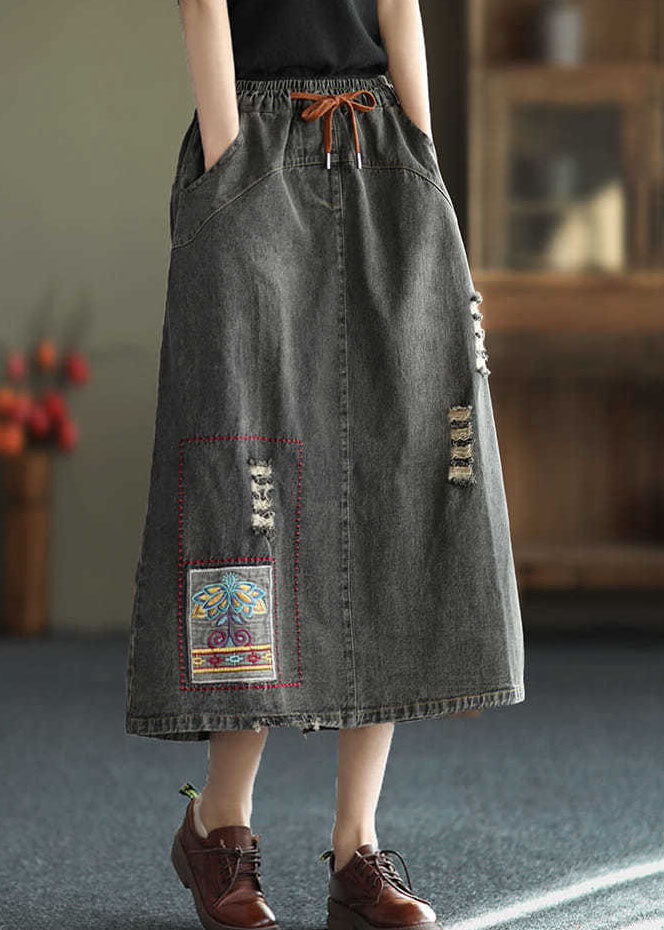 Black Side Open Embroideried Pockets Cotton Denim Ripped Skirt Cozy