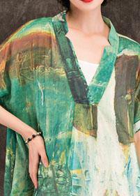 Green Print Linen Clothes for V Neck Patchwork Maxi Summer Dresses
