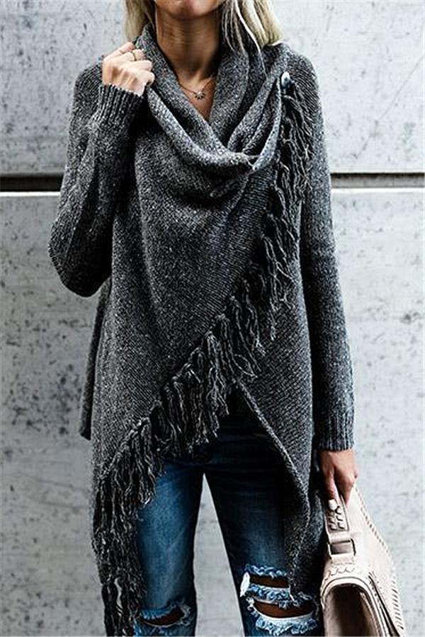 Tassel Asymmetrical Hem Shawl Speckled Fringe Cardigan - Khaki