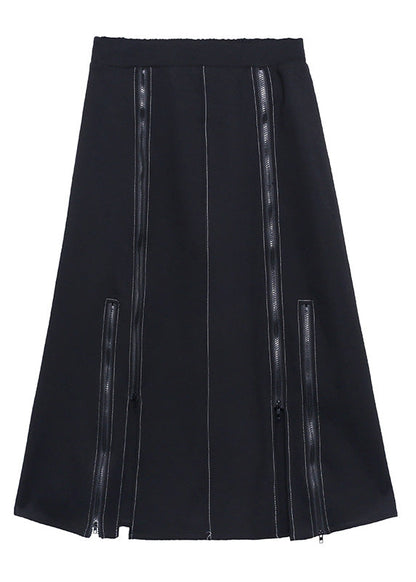 Black Elastic Waist Zippered a Line Skirt Spring