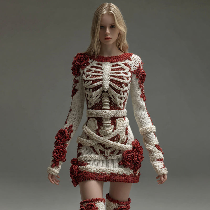 Women's Halloween Skeleton Bones With Rose Art Cozy Knit Mini Sweater Dress artswardrobe