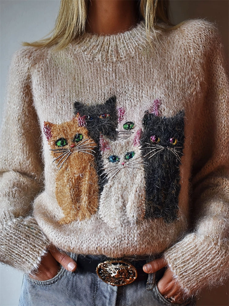 Lovely Cats Embroidered Knit Cozy Sweater elevenforest