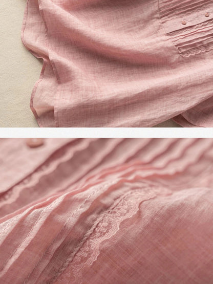 Color Short Sleeve Linen Pleated Top