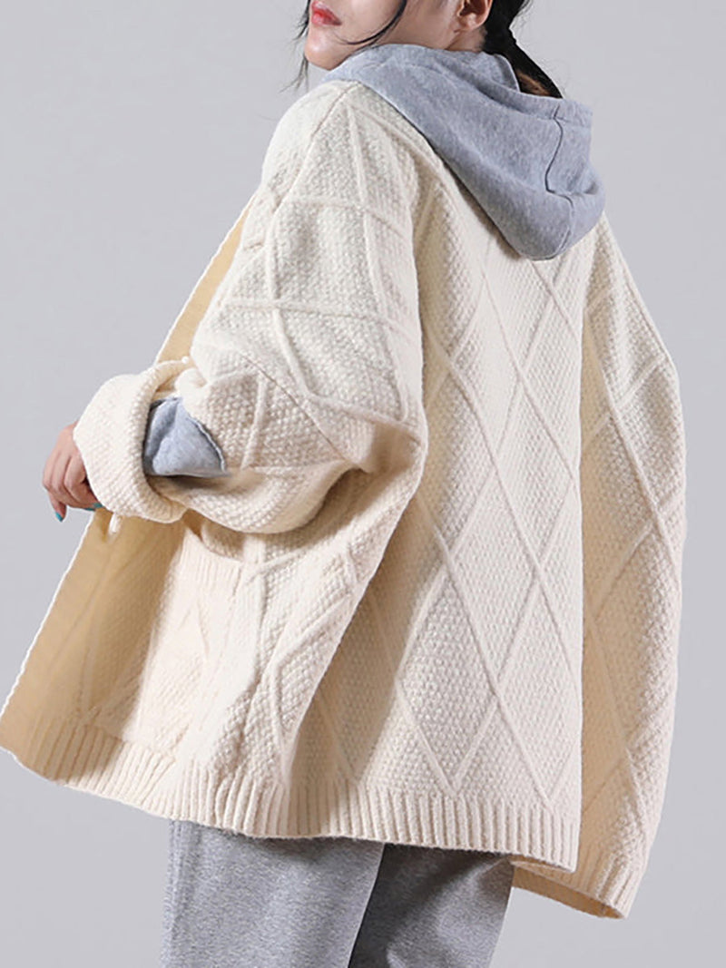 - Hooded Knitted Pocket Patchwork Sweater Coat