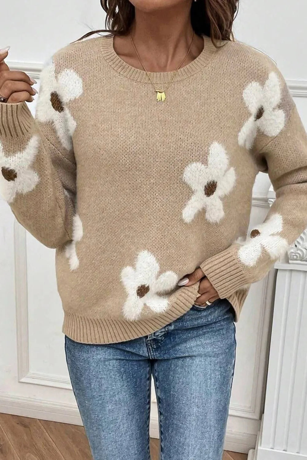Juana® | Long-sleeved sweater with a floral crew neck