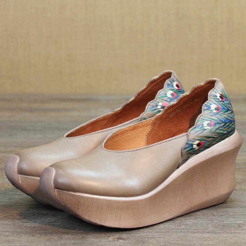 Wedge Peacock Tail Print Sewing Shoes