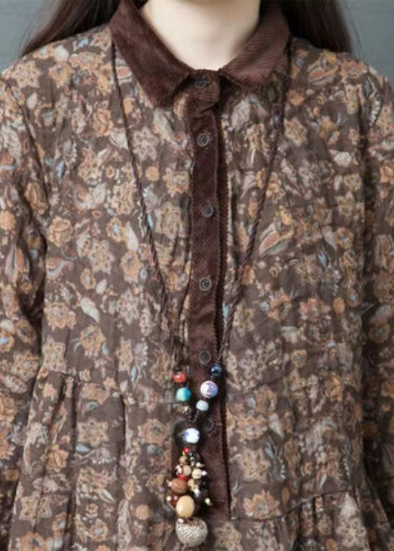 Organic Lapel Pockets Cotton Clothes Coffee Print Art Dresses