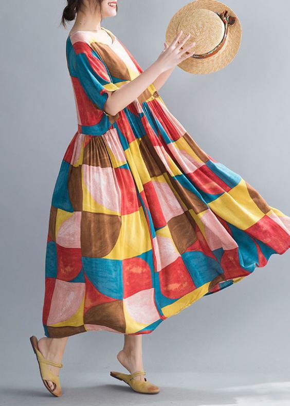 Classy Multicolor Plaid Cotton Clothes O Neck Cinched Kaftan Summer Dress