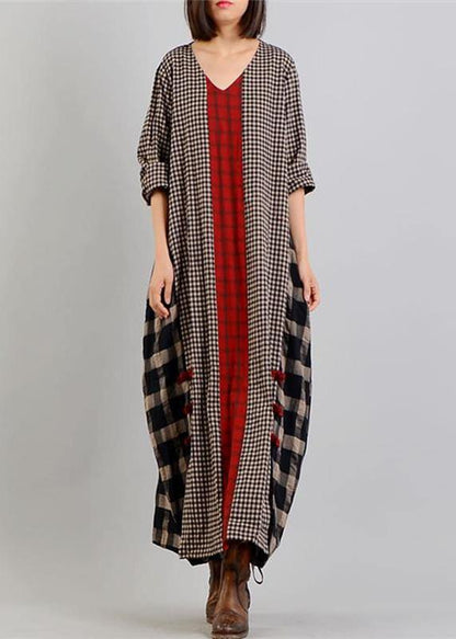 Black Plaid Autumn Loose Fitting V Neck Patchwork Traveling Clothing Chinese Button Dresses
